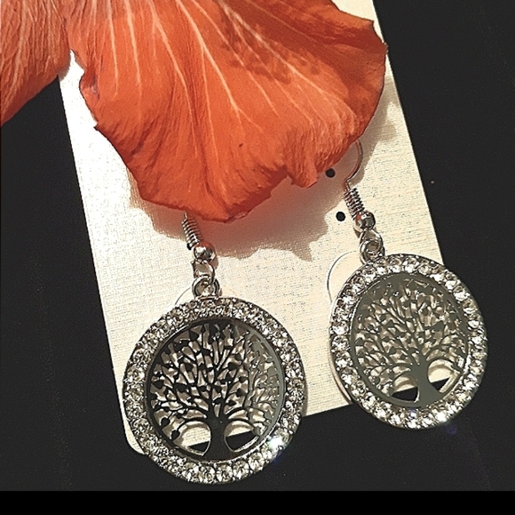 Silver Tone Crystal Tree of Life Earrings with Stainless Steel Earwires NEW - Picture 3 of 11